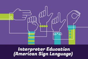 Interpreter Education (American Sign Language): illustration of hands signing H-E-L-L-O